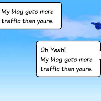 Two animated superhero figures discussing blog traffic.